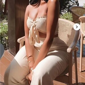 Fashion Nova Cream Tie-Front Bandeau + wide leg pant set sz L